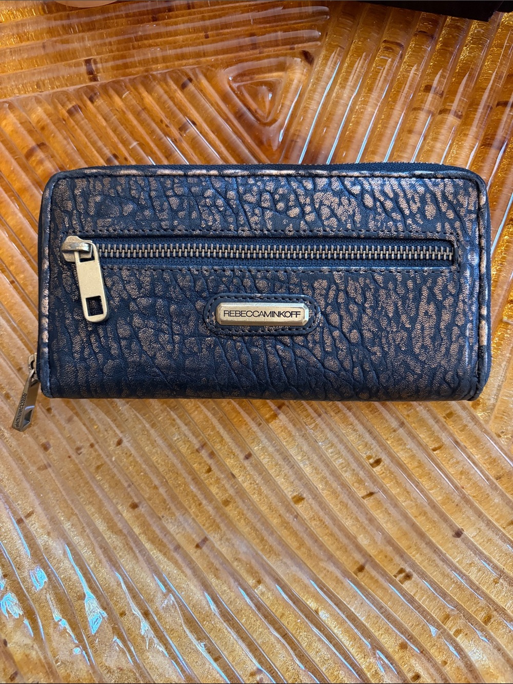 Rebecca Minkoff Distressed Metallic Zip Around Black Gold Wallet Chunky Hardward